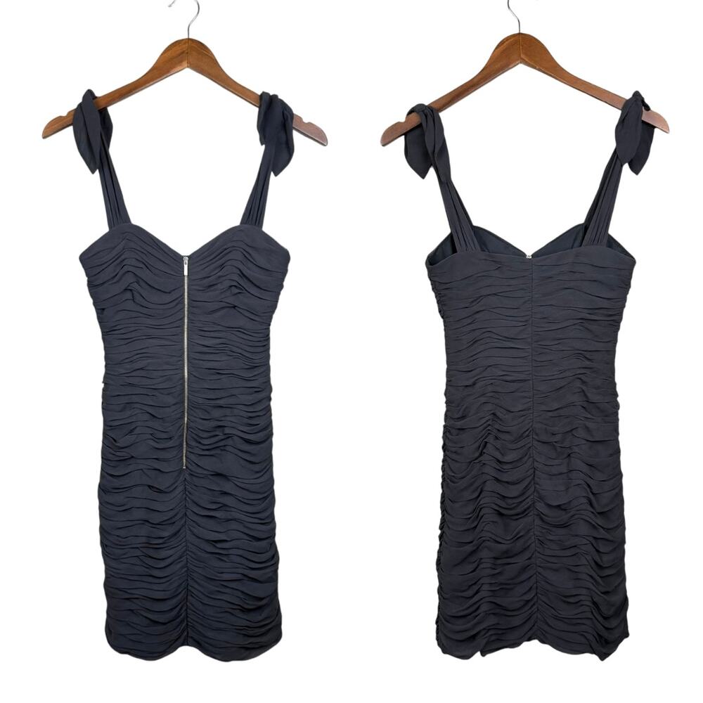 Rebecca Taylor 100% Silk Chiffon Black Ruched Zip Front Bodycon Mini Dress